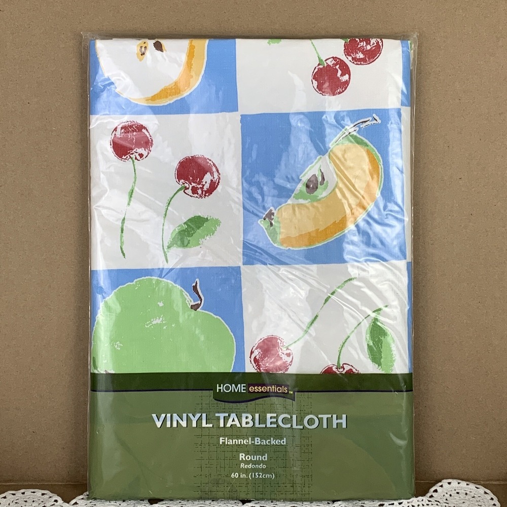 Home Essentials 60" Round Vinyl Tablecloth Flannel Back Fruit Cherry Apple Kmart